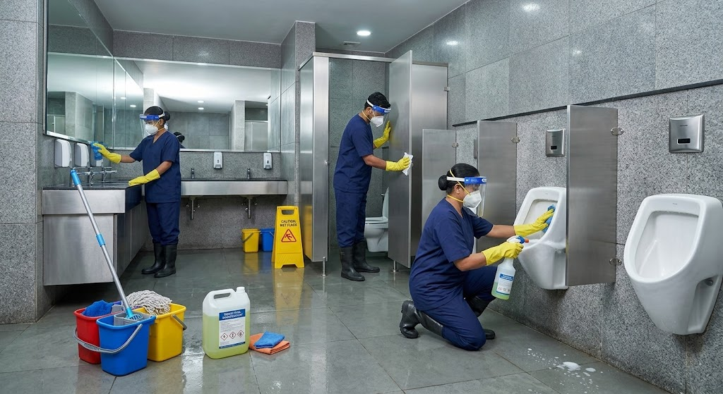 Restroom Floor Hydro-Scrubbing After